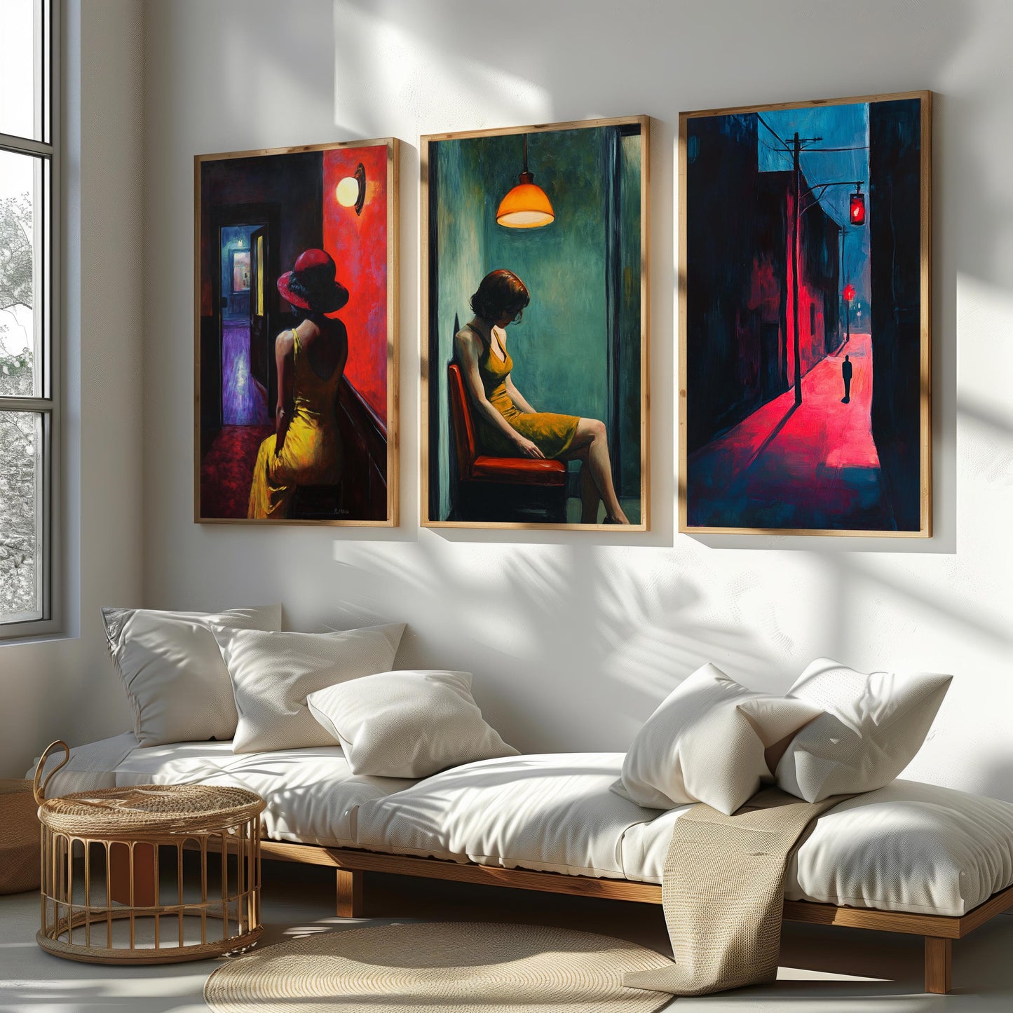 Noir Woman in Yellow Dress Print Set: Cinematic Moody Room Decor