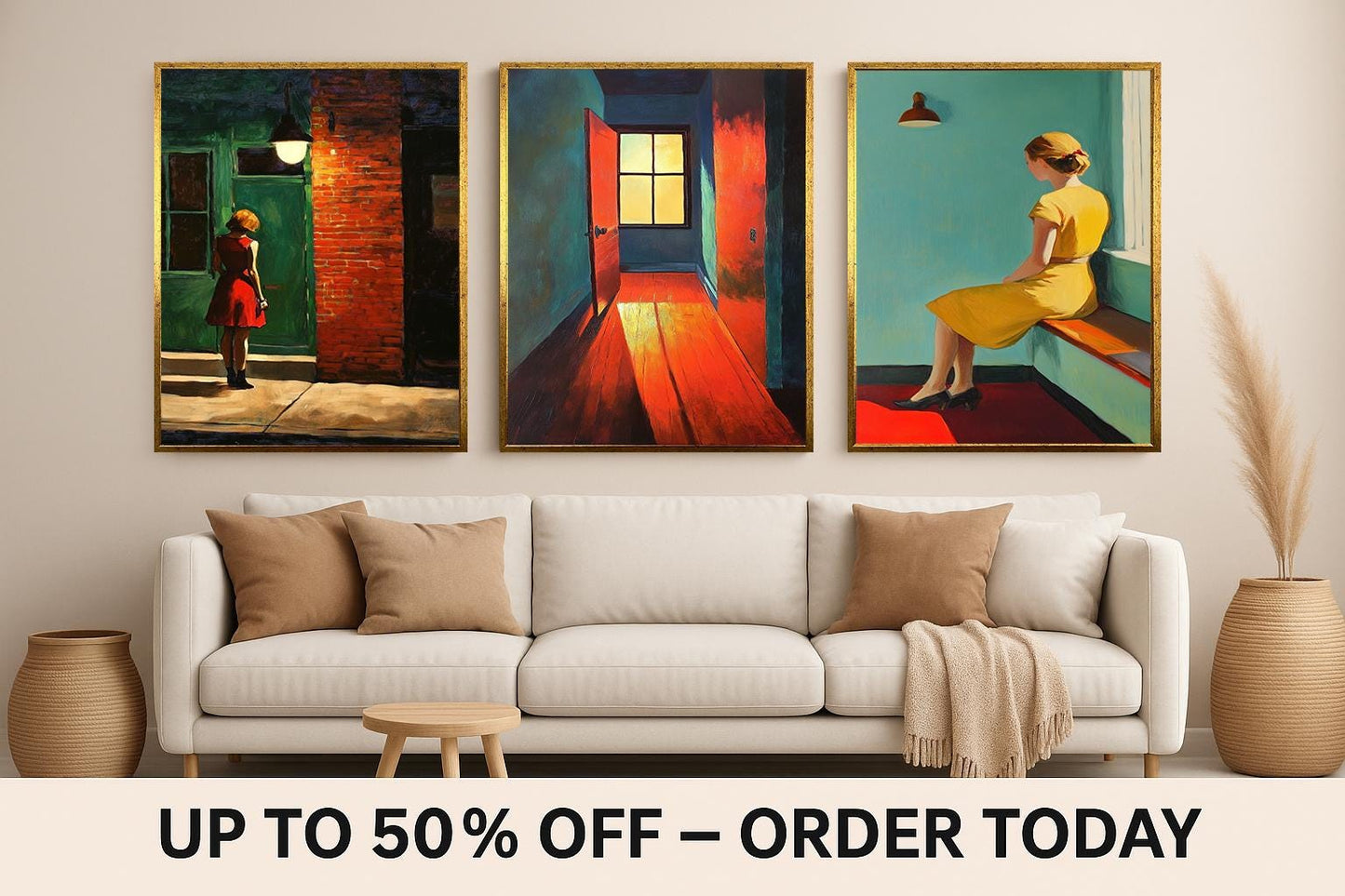 Retro Woman in Yellow Dress Print Set: Urban Minimalist Wall Art