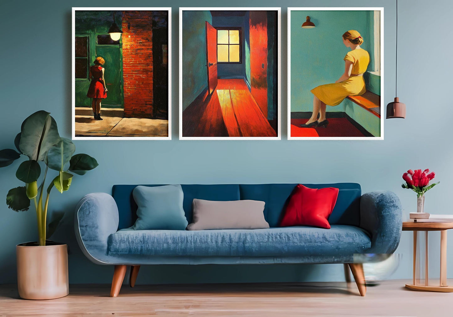 Retro Woman in Yellow Dress Print Set: Urban Minimalist Wall Art
