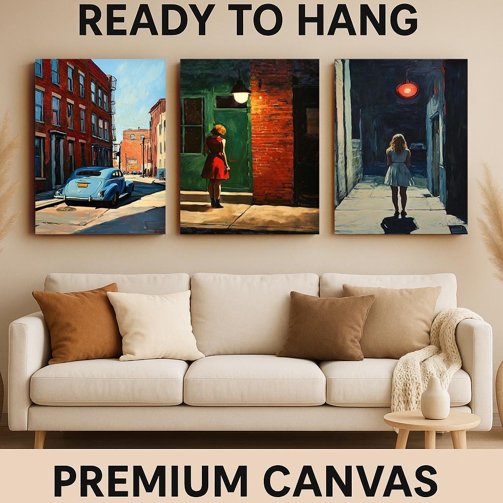 Retro Noir Cityscape Art Prints: Woman in Red Dress, Vintage Car - Set of 3