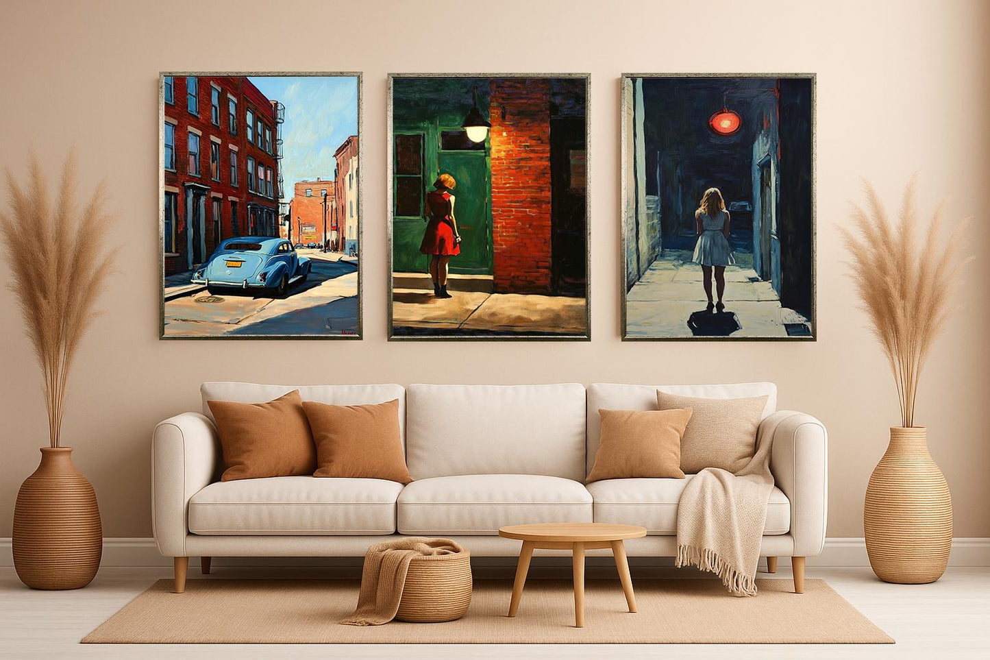 Retro Noir Cityscape Art Prints: Woman in Red Dress, Vintage Car - Set of 3