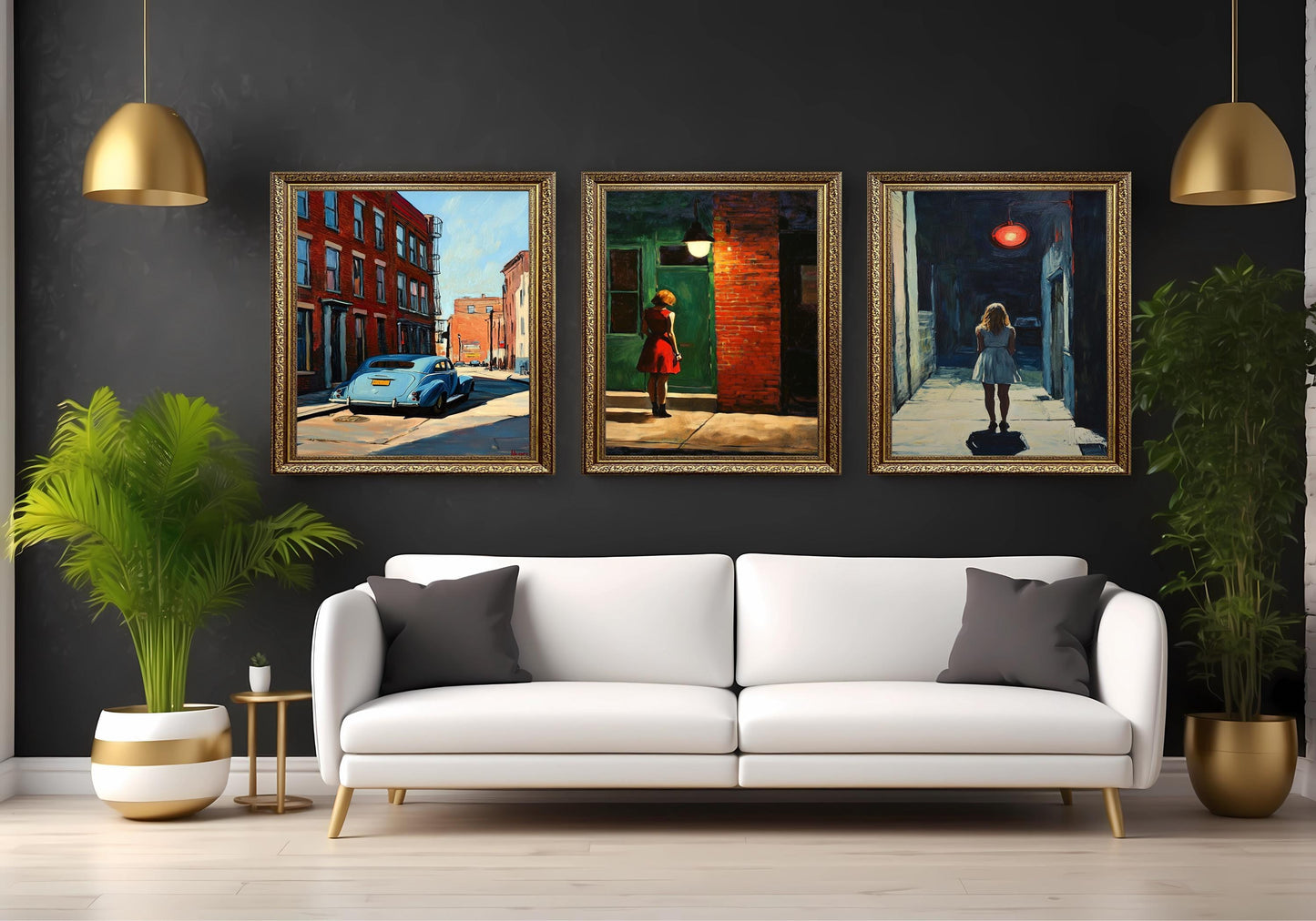 Retro Noir Cityscape Art Prints: Woman in Red Dress, Vintage Car - Set of 3