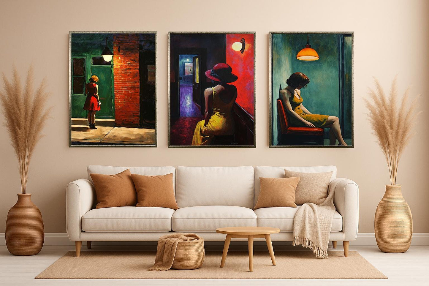 Cinematic Woman Art Print Set: Red Hat, Yellow Dress, Urban Scene