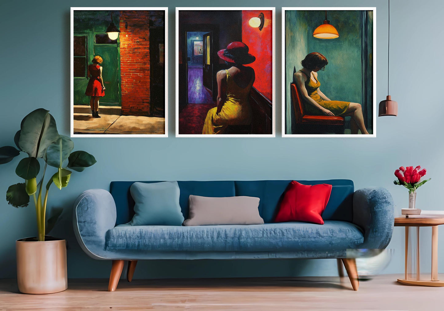 Cinematic Woman Art Print Set: Red Hat, Yellow Dress, Urban Scene