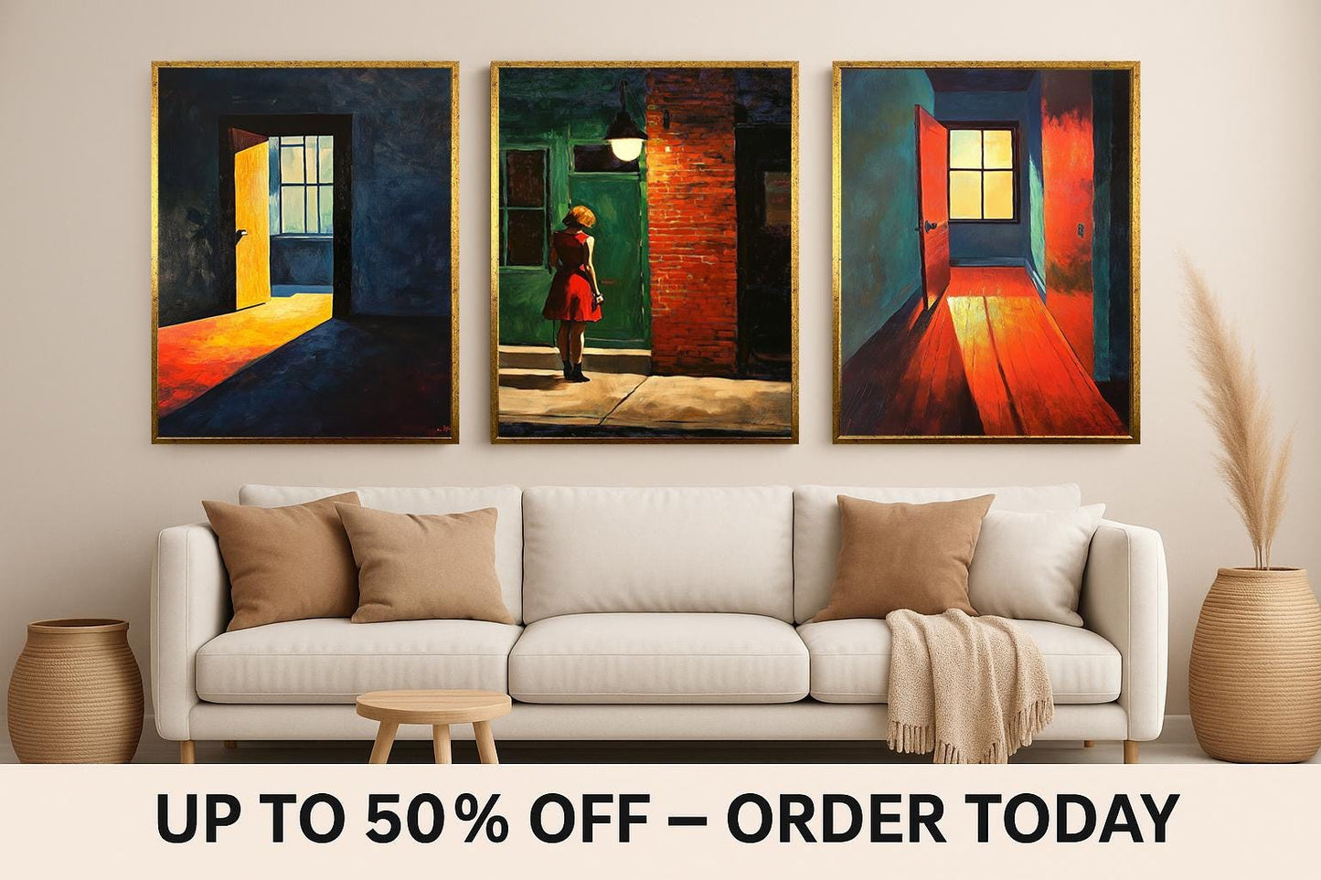 Red Dress Woman Art Print Set: Modern Urban Interior Decor