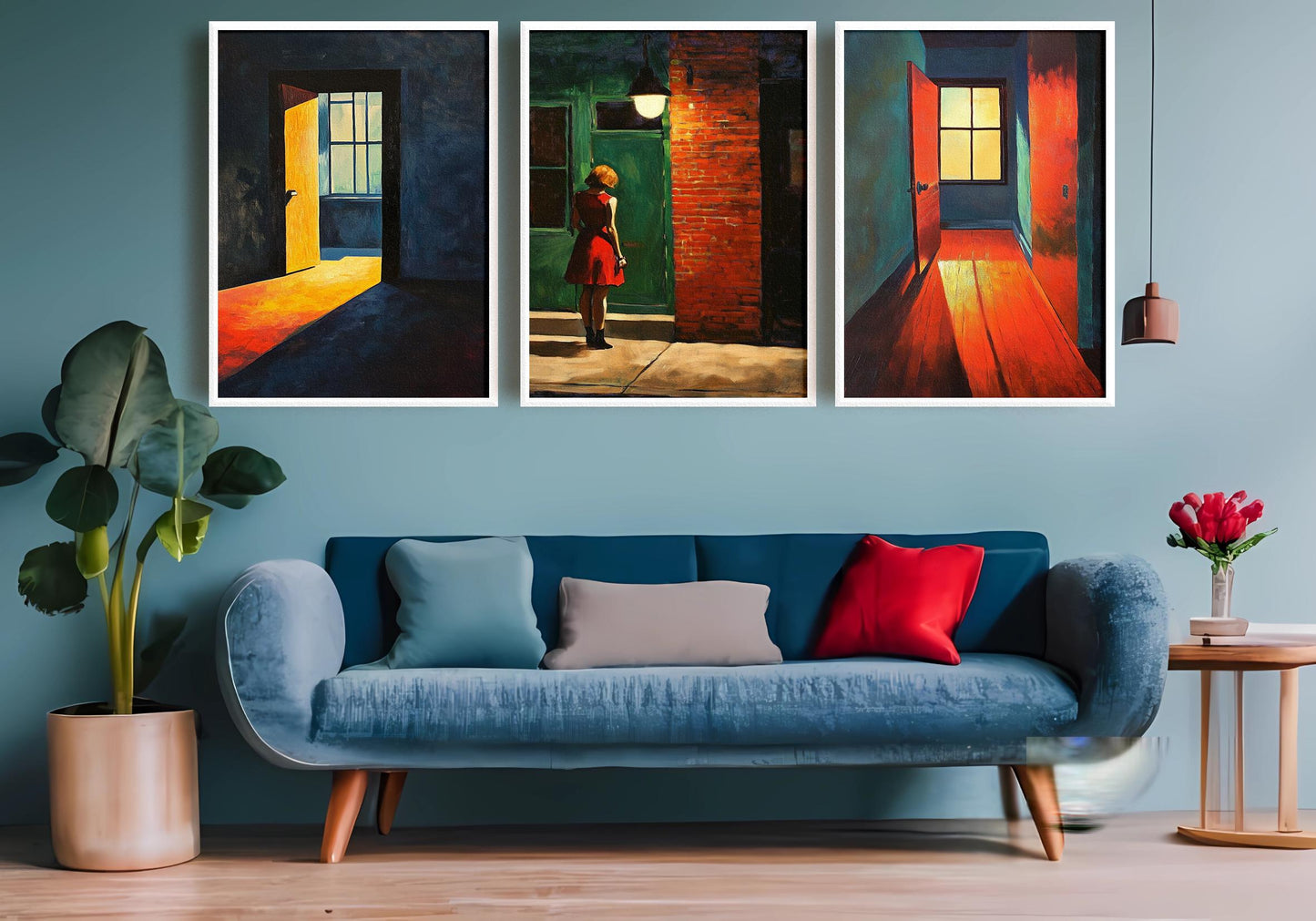 Red Dress Woman Art Print Set: Modern Urban Interior Decor