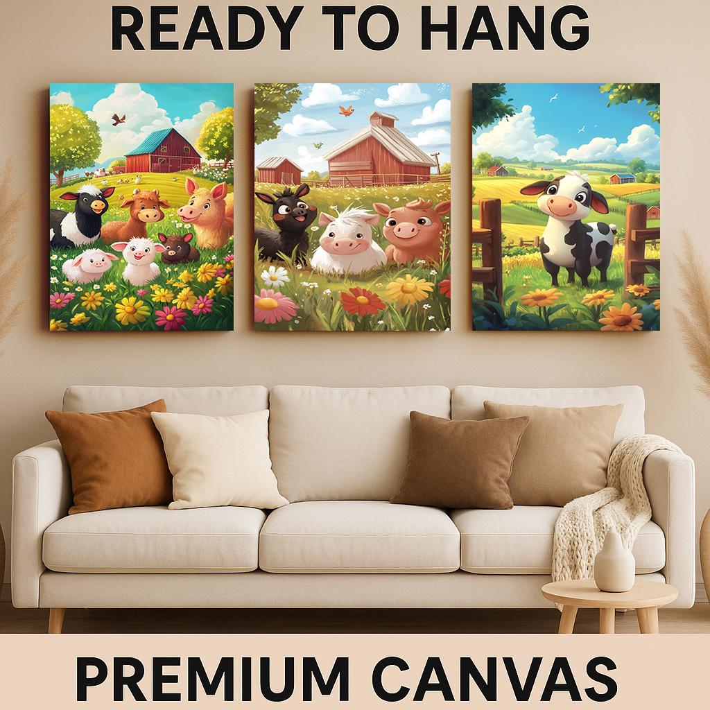 Farm Animal Nursery Wall Art Set Of 3 Prints With Cute Cow Pig Donkey In Bright Pastel Fields For Baby Room Or Kids Farm Decor Kids Room Art