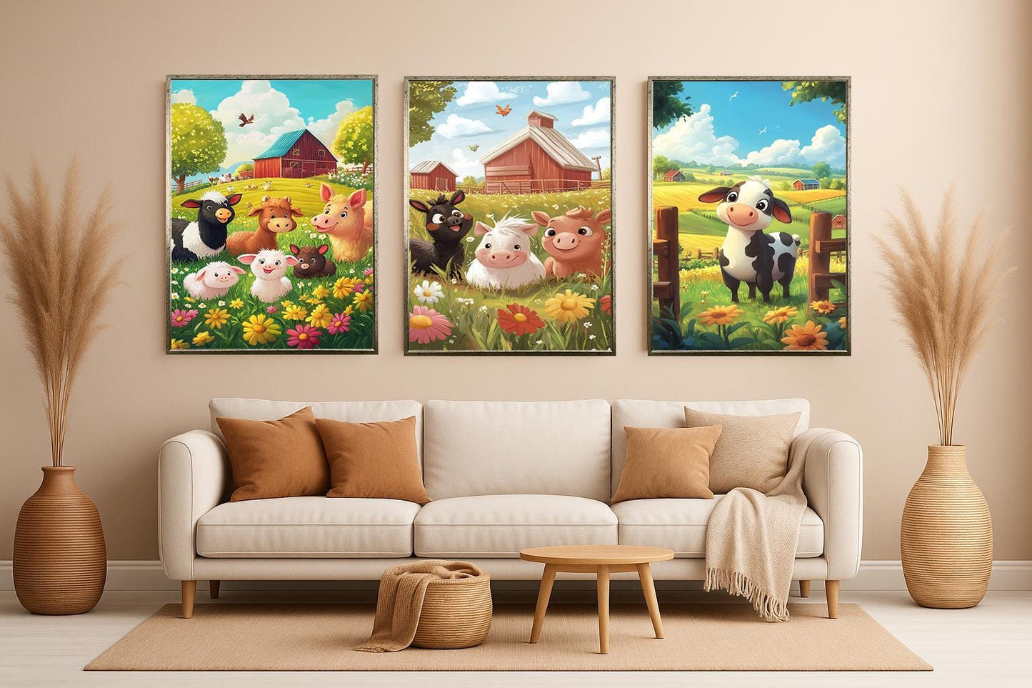 Farm Animal Nursery Wall Art Set Of 3 Prints With Cute Cow Pig Donkey In Bright Pastel Fields For Baby Room Or Kids Farm Decor Kids Room Art