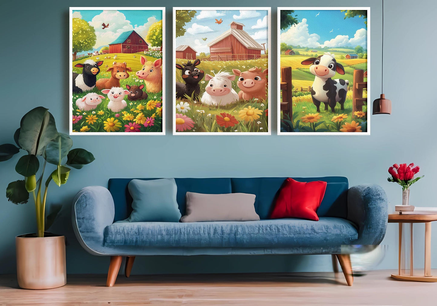 Farm Animal Nursery Wall Art Set Of 3 Prints With Cute Cow Pig Donkey In Bright Pastel Fields For Baby Room Or Kids Farm Decor Kids Room Art