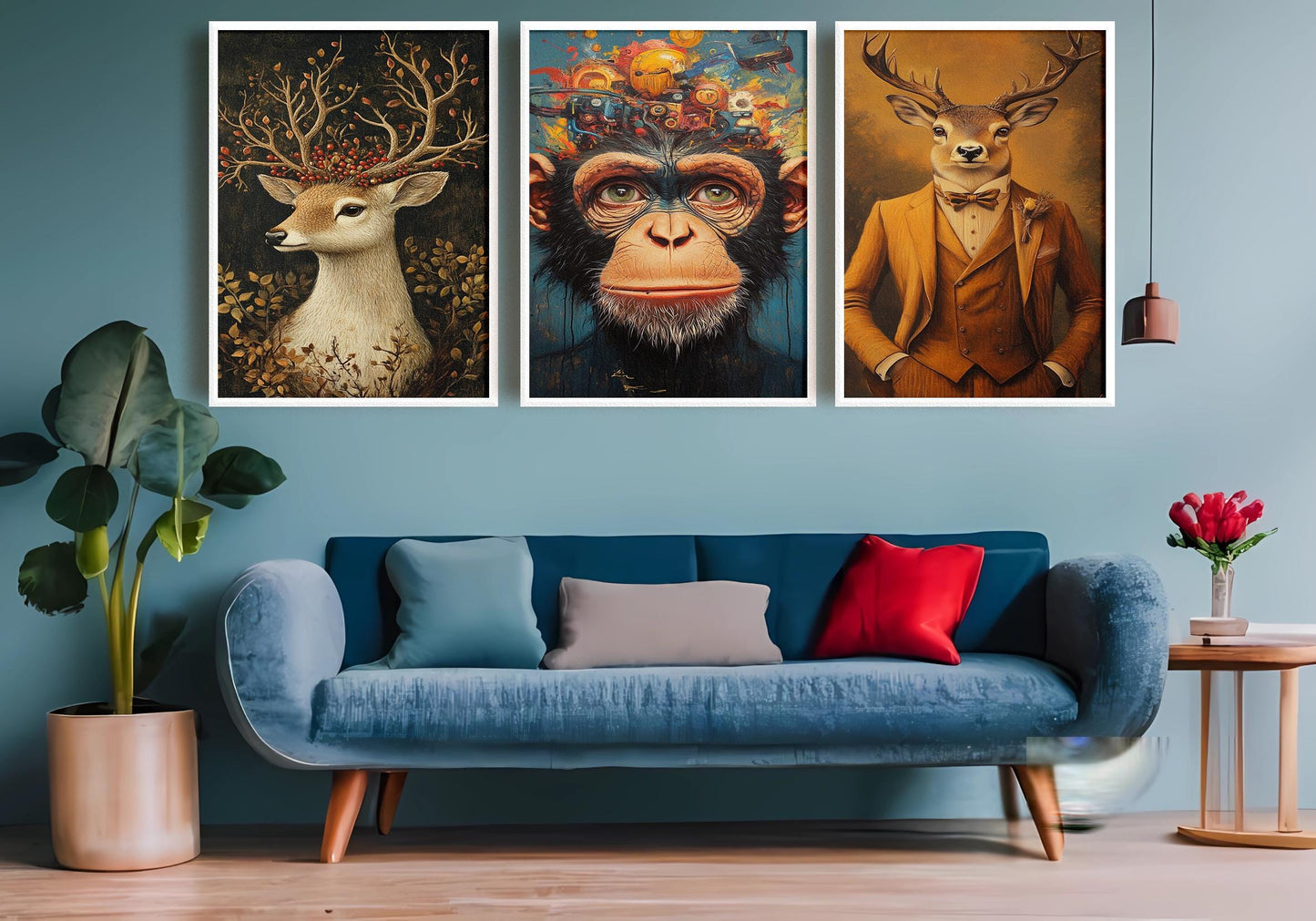 Surreal Animal Print Set: Chimpanzee Robot, Deer in Suit, Floral Stag