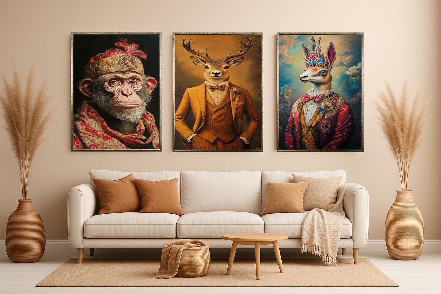 Elegant Animal Portrait Prints: Dressed Deer, Llama, Chimpanzee Wall Art