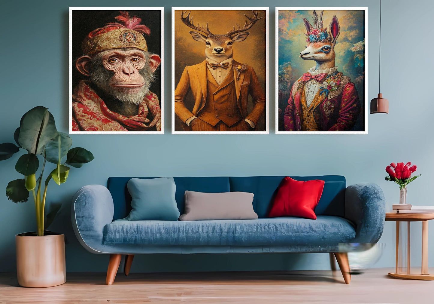 Elegant Animal Portrait Prints: Dressed Deer, Llama, Chimpanzee Wall Art