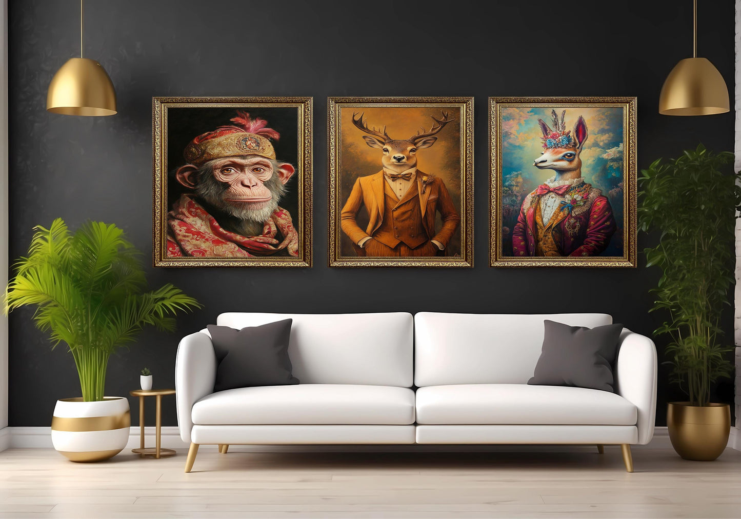 Elegant Animal Portrait Prints: Dressed Deer, Llama, Chimpanzee Wall Art