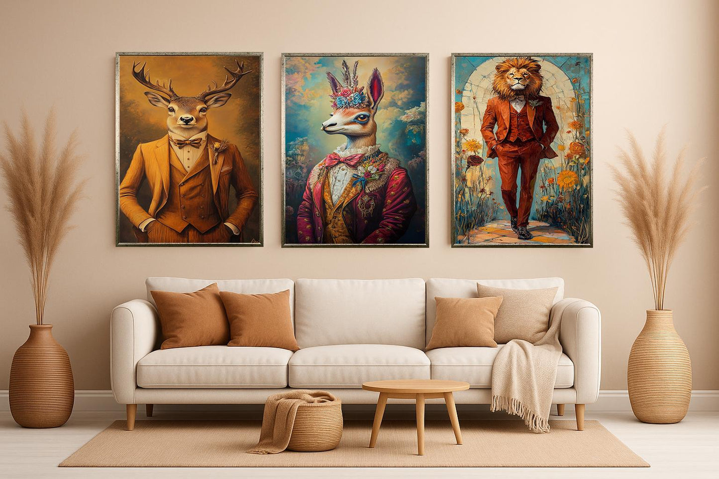 Dressed Animal Portrait Prints: Whimsical Llama, Lion, Deer Wall Art Set