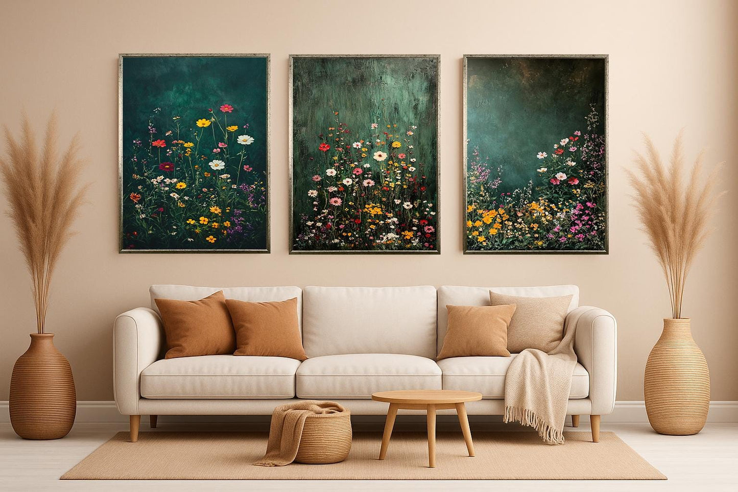 Wildflower Canvas Print Set: Botanical Garden Art, Green Textured Background