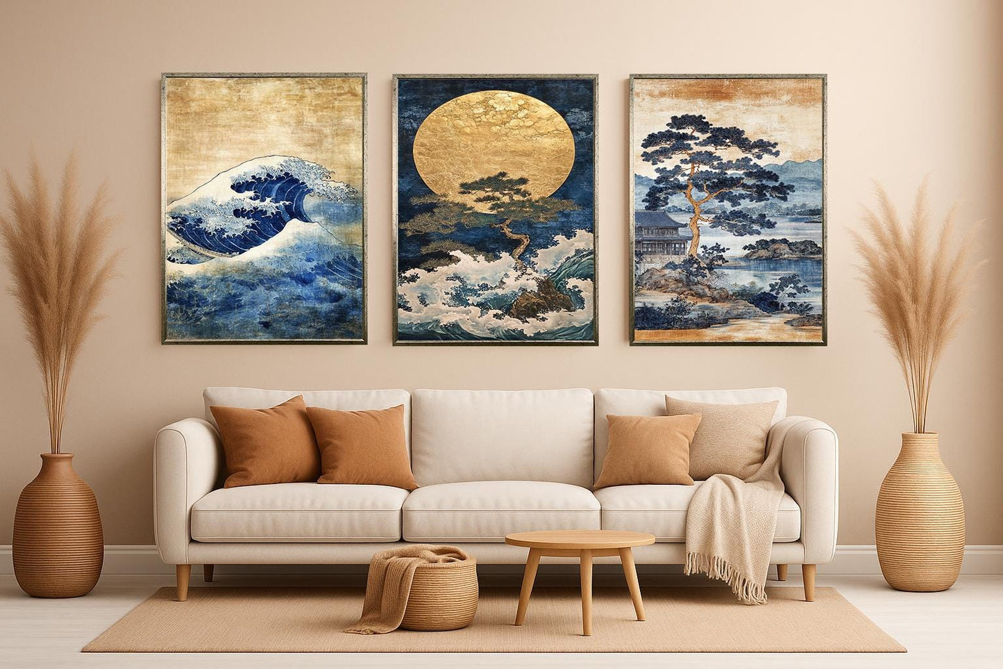 Japanese Wave Art Set: Blue Gold Landscape Paintings, Pine Tree Prints