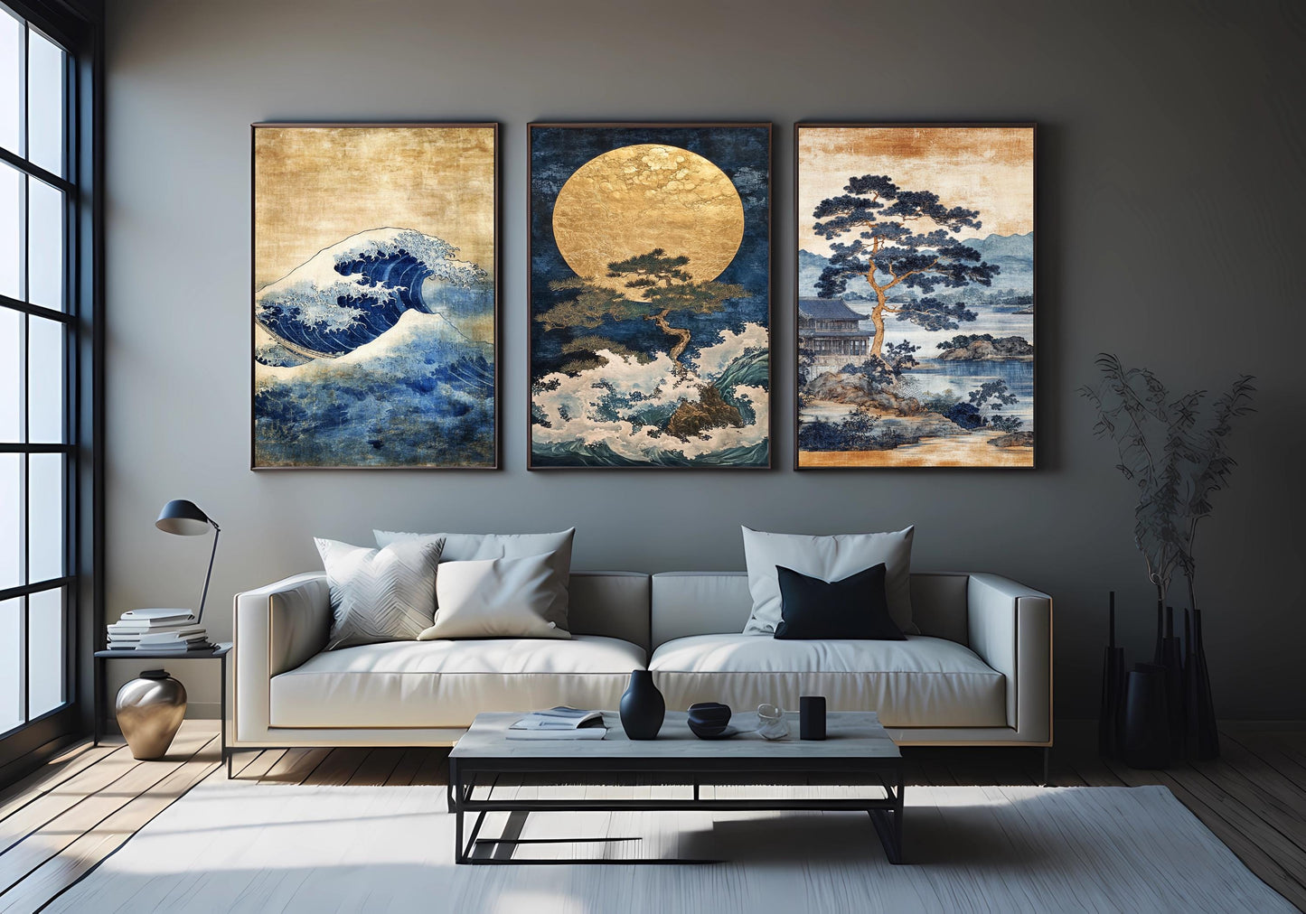 Japanese Wave Art Set: Blue Gold Landscape Paintings, Pine Tree Prints