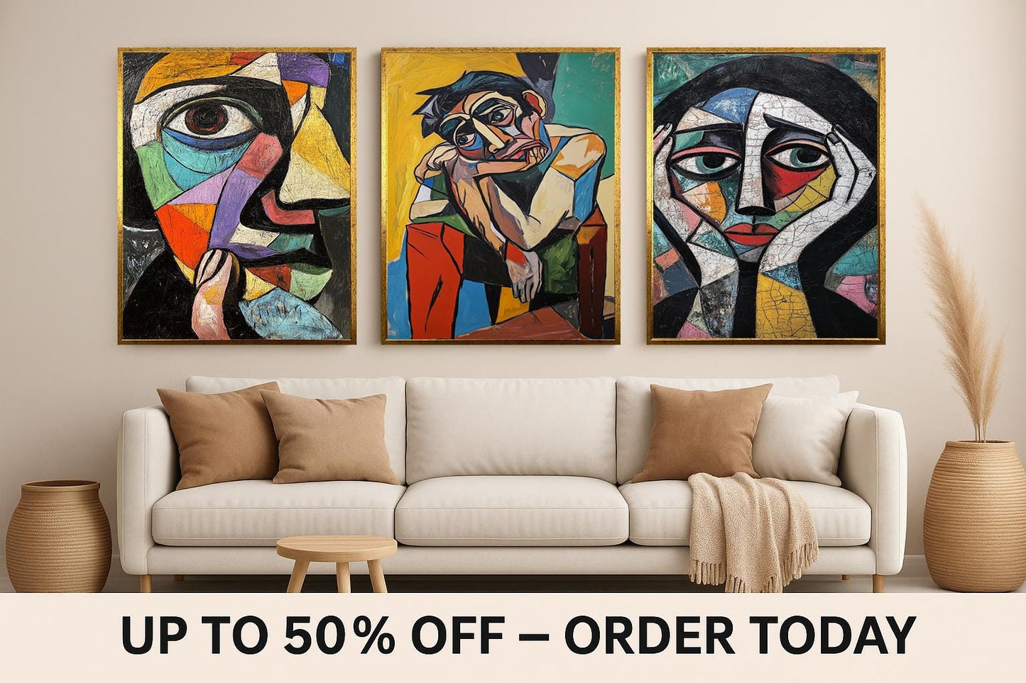 Cubist Portrait Art Set: Geometric Face Paintings, Modern Home Decor