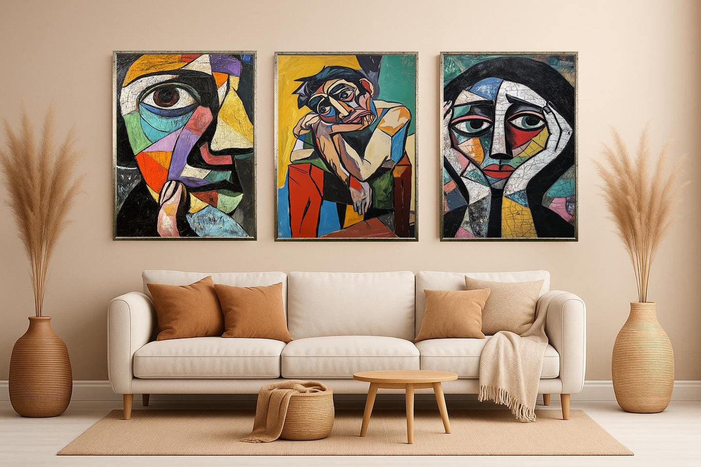 Cubist Portrait Art Set: Geometric Face Paintings, Modern Home Decor