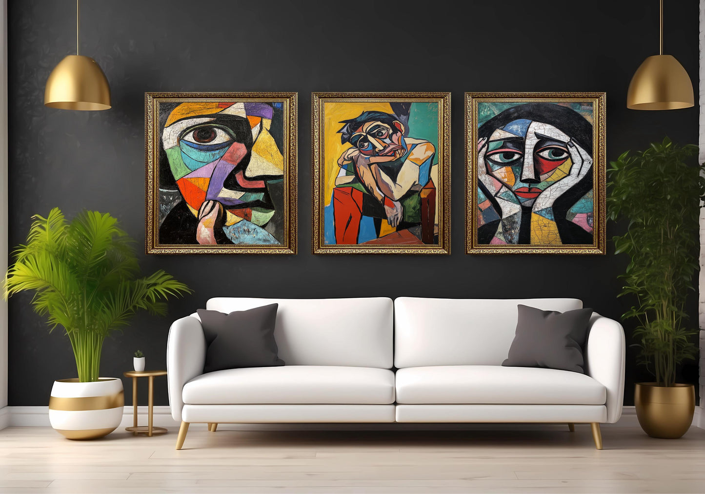 Cubist Portrait Art Set: Geometric Face Paintings, Modern Home Decor
