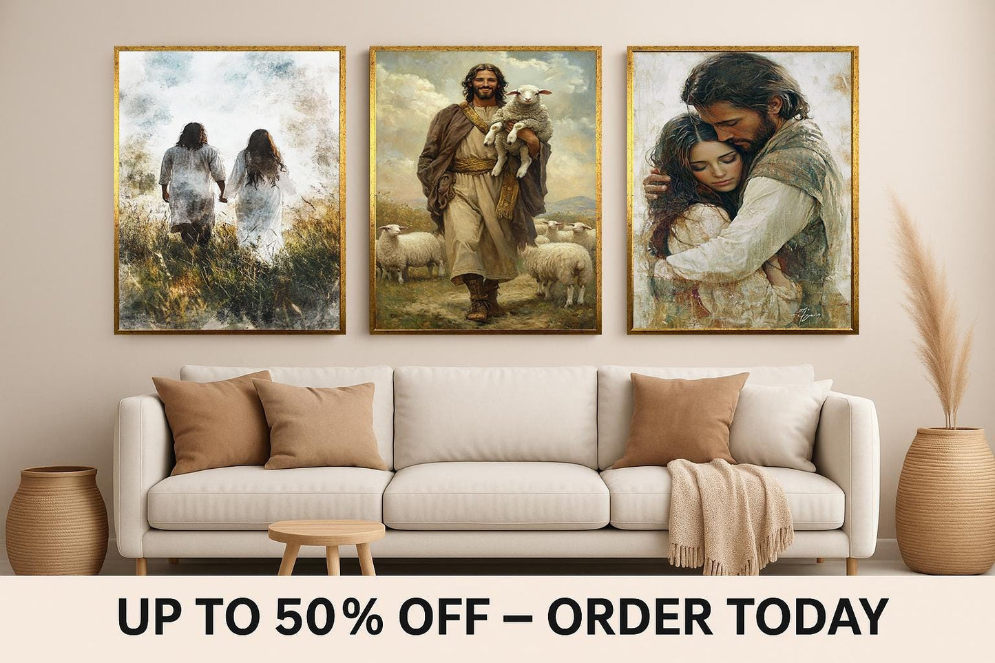 Jesus Canvas Print Set: Good Shepherd, Loving Embrace, Faith Walk