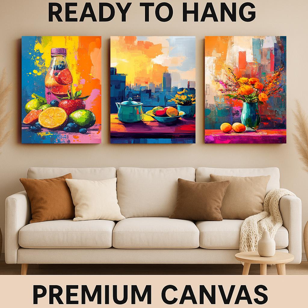 Modern Kitchen Canvas Art Prints: Still Life Fruit Bowl, Floral Vase