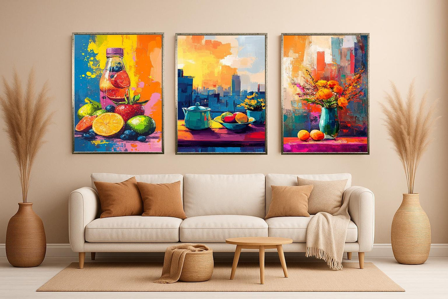 Modern Kitchen Canvas Art Prints: Still Life Fruit Bowl, Floral Vase