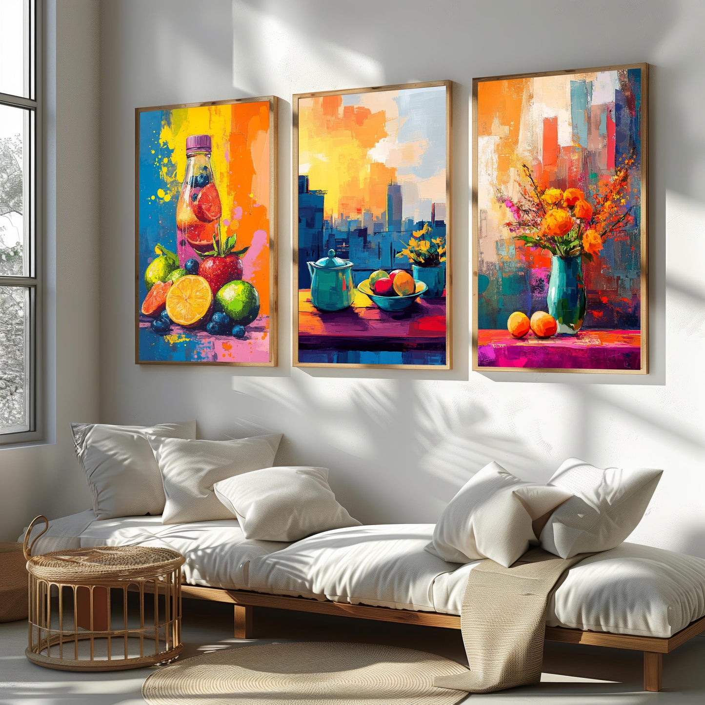 Modern Kitchen Canvas Art Prints: Still Life Fruit Bowl, Floral Vase
