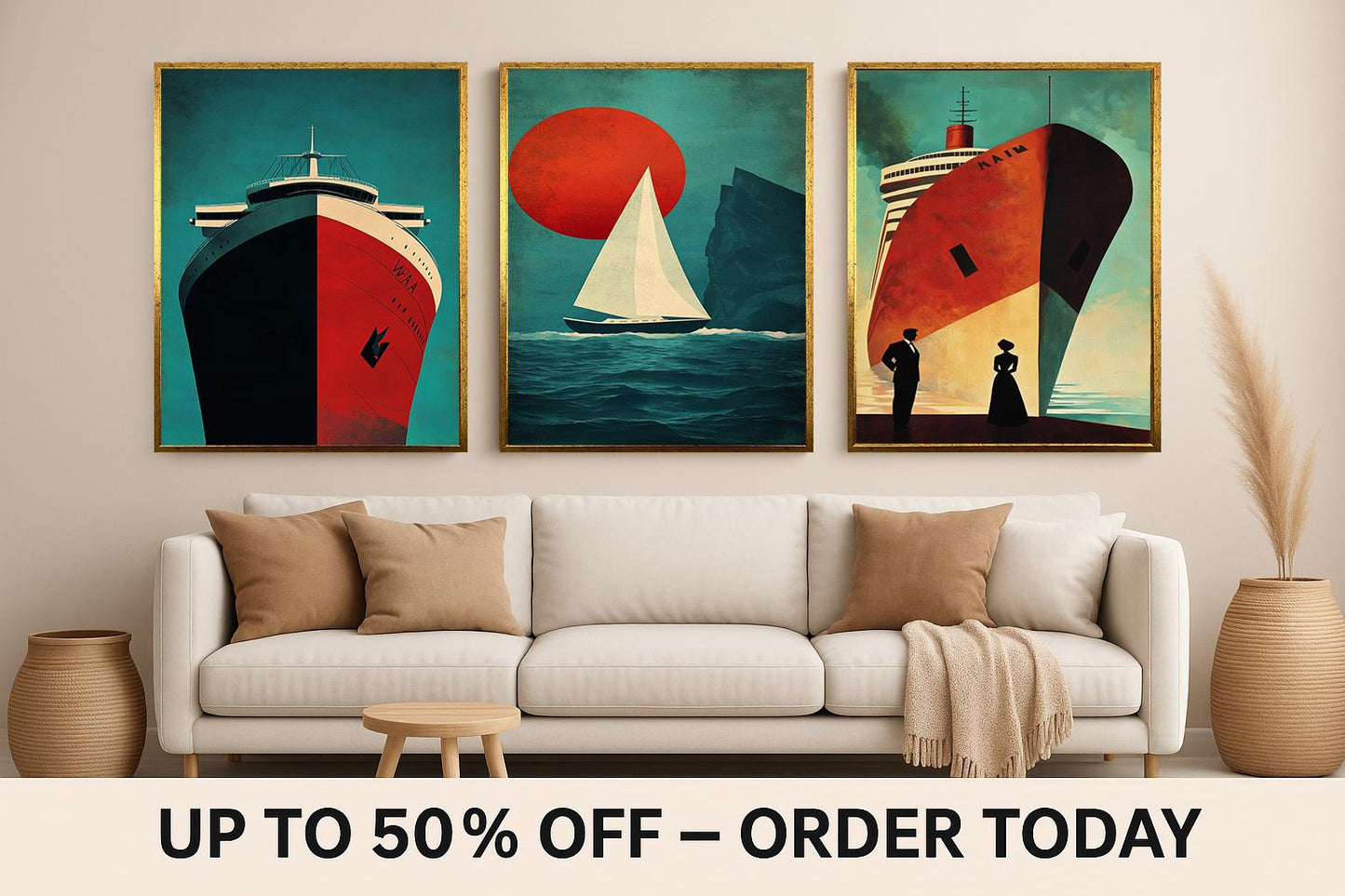 Nautical Ship Canvas Art Set: Retro Ocean Travel Posters, Coastal Home Decor