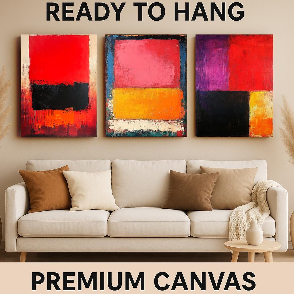 Abstract Color Block Canvas Print Set: Modern Red, Orange, Black Wall Art