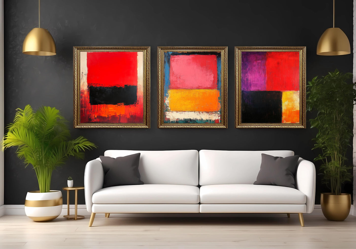 Abstract Color Block Canvas Print Set: Modern Red, Orange, Black Wall Art
