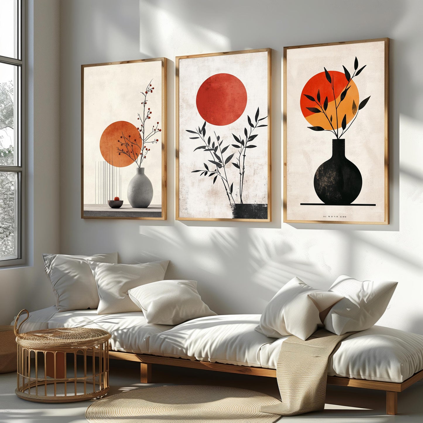 Japanese Zen Art Prints: Minimalist Sun & Plant Boho Decor Set