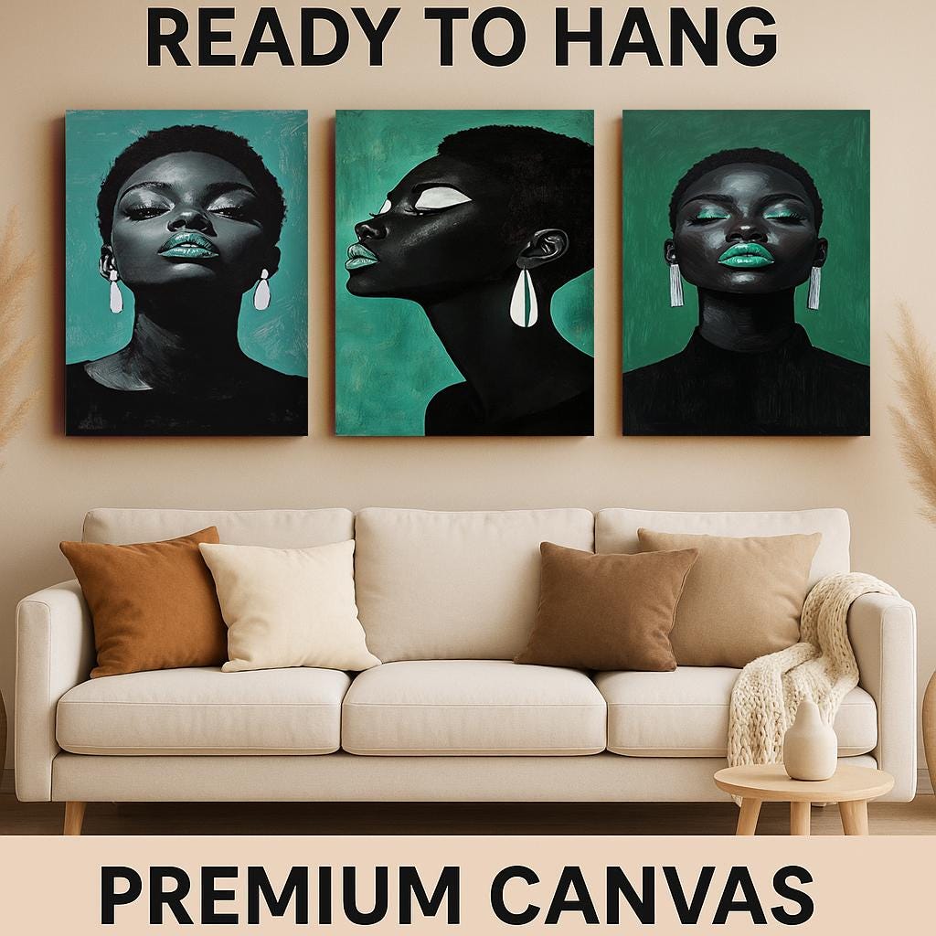 Emerald Afrocentric Woman Portrait Art Set: Bold Black Beauty Prints