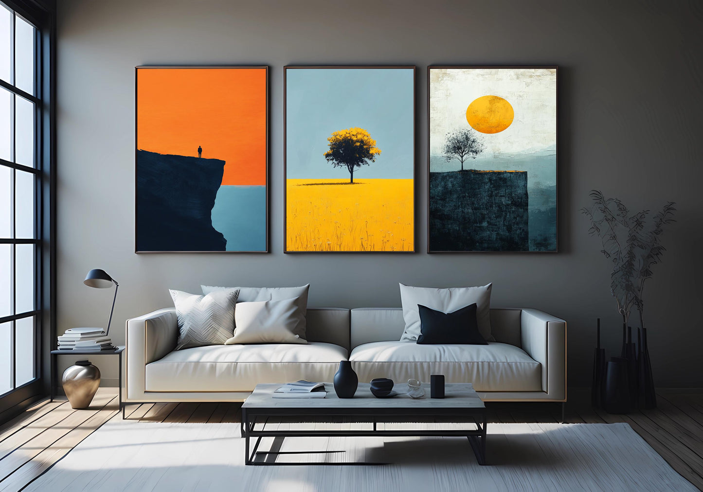Minimalist Sunset Landscape Print Set: Tree & Cliff - Modern Nature Wall Art