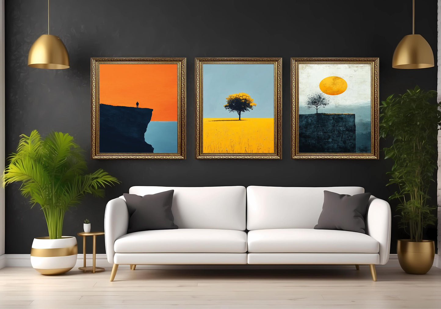 Minimalist Sunset Landscape Print Set: Tree & Cliff - Modern Nature Wall Art