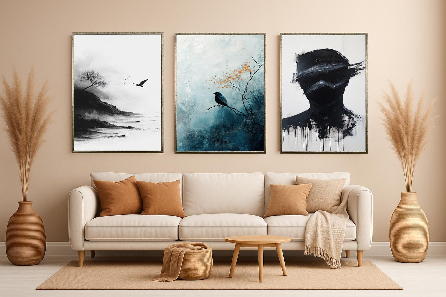 Dark Bird Art Print Set: Gothic Crow & Shadow - Set of 3