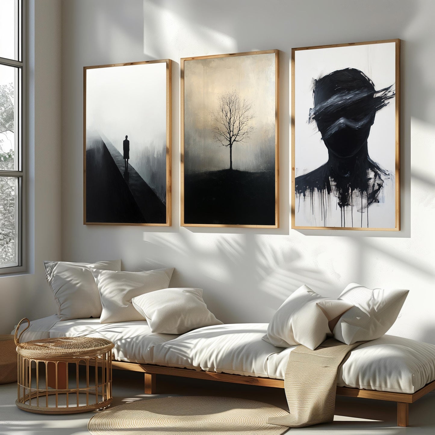 Minimalist Black and White Art Set: Tree, Face, Figure - Modern Surreal Home Decor