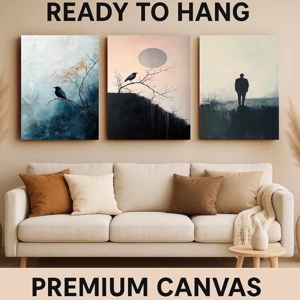 Minimalist Crow Canvas Print Set: Moody Abstract Art, Set of 3
