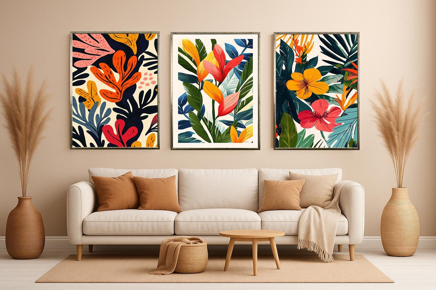 Tropical Botanical Canvas Print Set: Modern Floral Wall Art