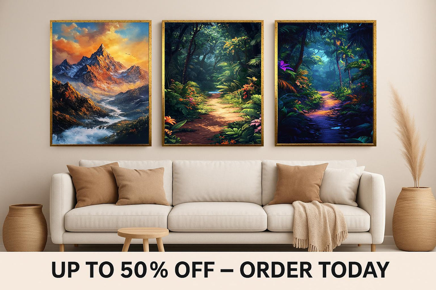 Tropical Jungle & Mountain Sunset Canvas Print Set - 3 Piece Nature Wall Art