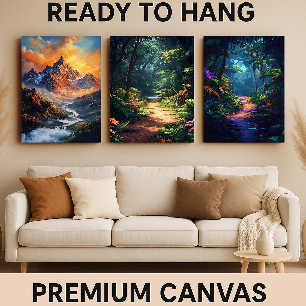 Tropical Jungle & Mountain Sunset Canvas Print Set - 3 Piece Nature Wall Art