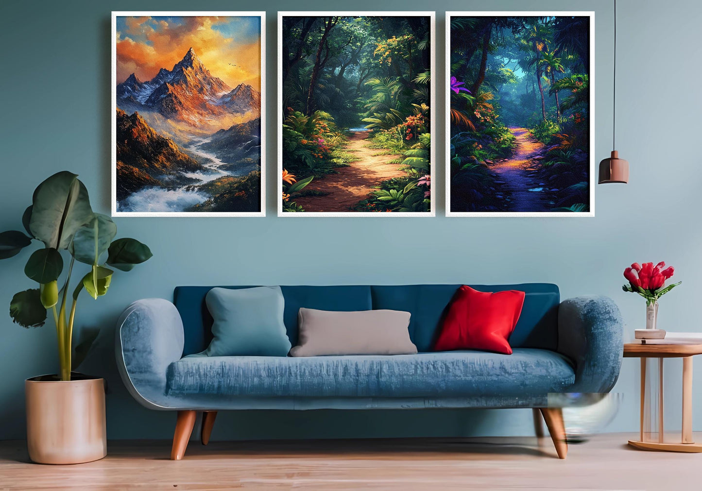 Tropical Jungle & Mountain Sunset Canvas Print Set - 3 Piece Nature Wall Art