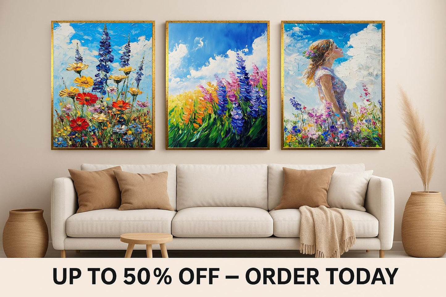 Impressionist Wildflower Garden Oil Painting Set: Floral Landscape Canvas Wall Art