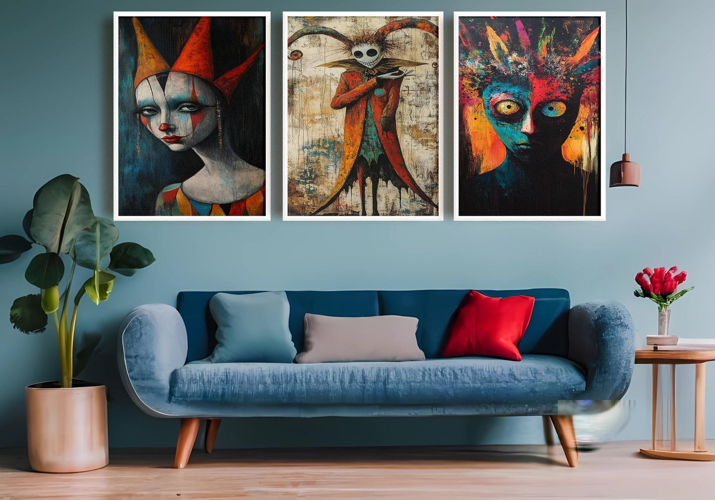 Dark Carnival Clown Canvas Art Set: Gothic Horror Jester Painting