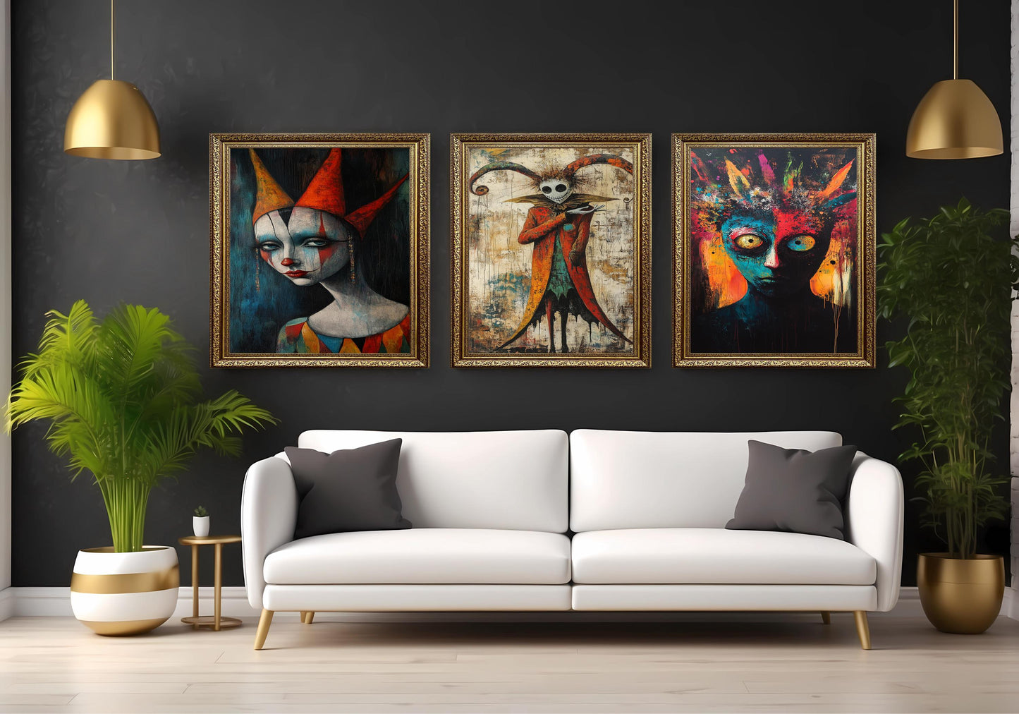 Dark Carnival Clown Canvas Art Set: Gothic Horror Jester Painting