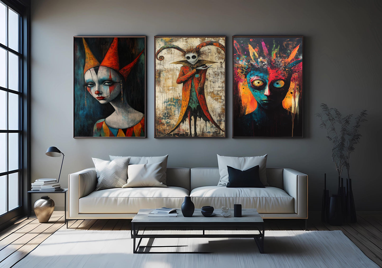Dark Carnival Clown Canvas Art Set: Gothic Horror Jester Painting
