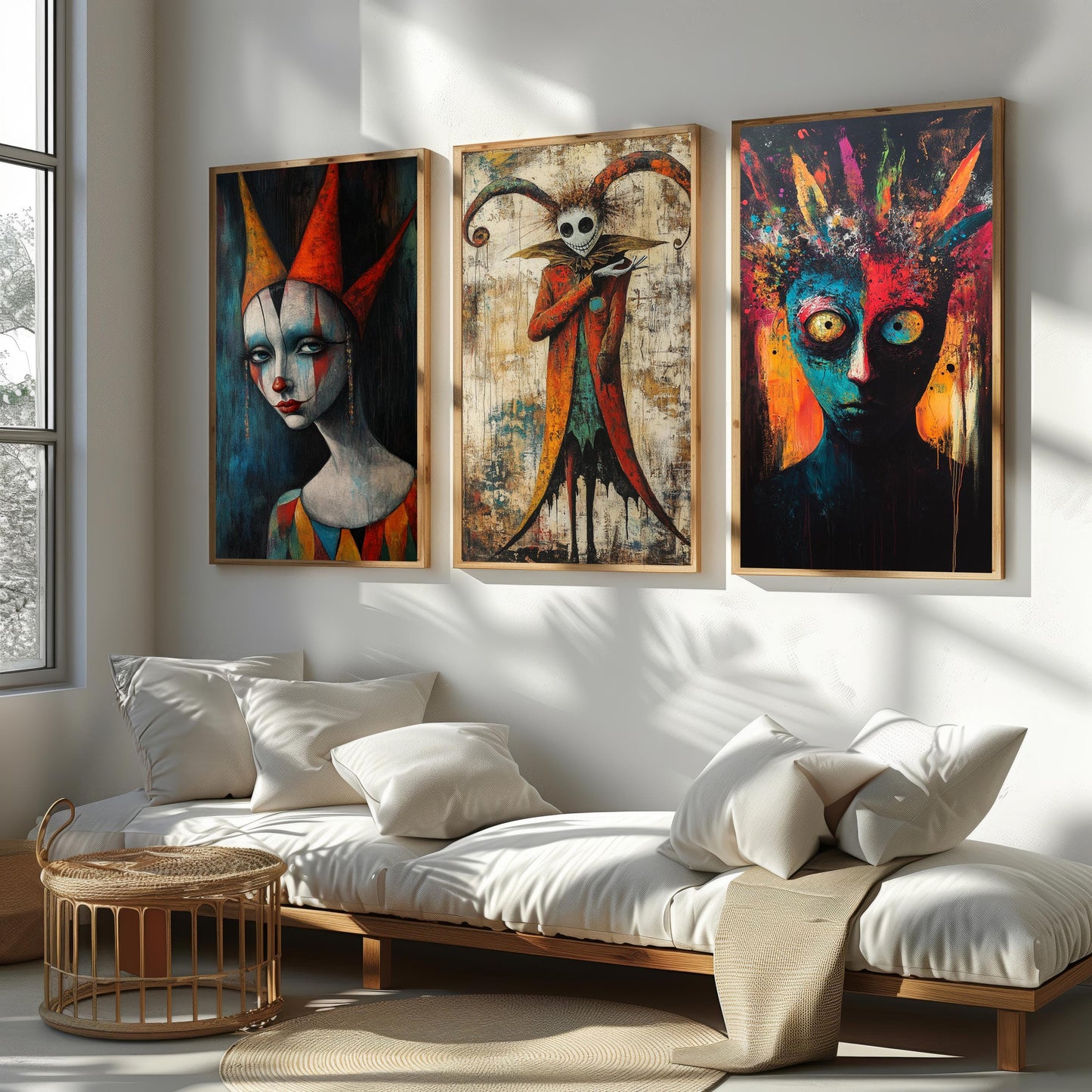 Dark Carnival Clown Canvas Art Set: Gothic Horror Jester Painting