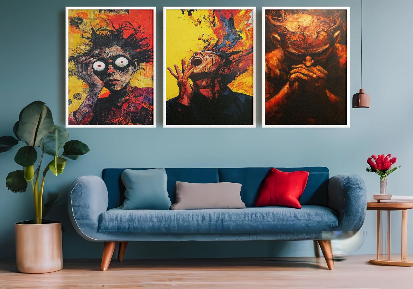 Surreal Expressionist Canvas Art Set: Fiery Emotional Portraits