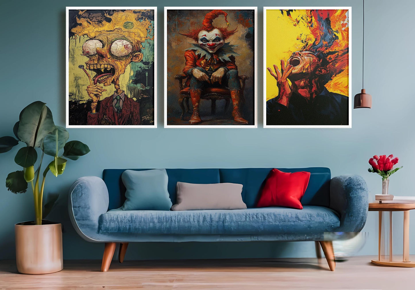 Creepy Circus Art Set: Horror Clown, Burning Head Surreal Prints