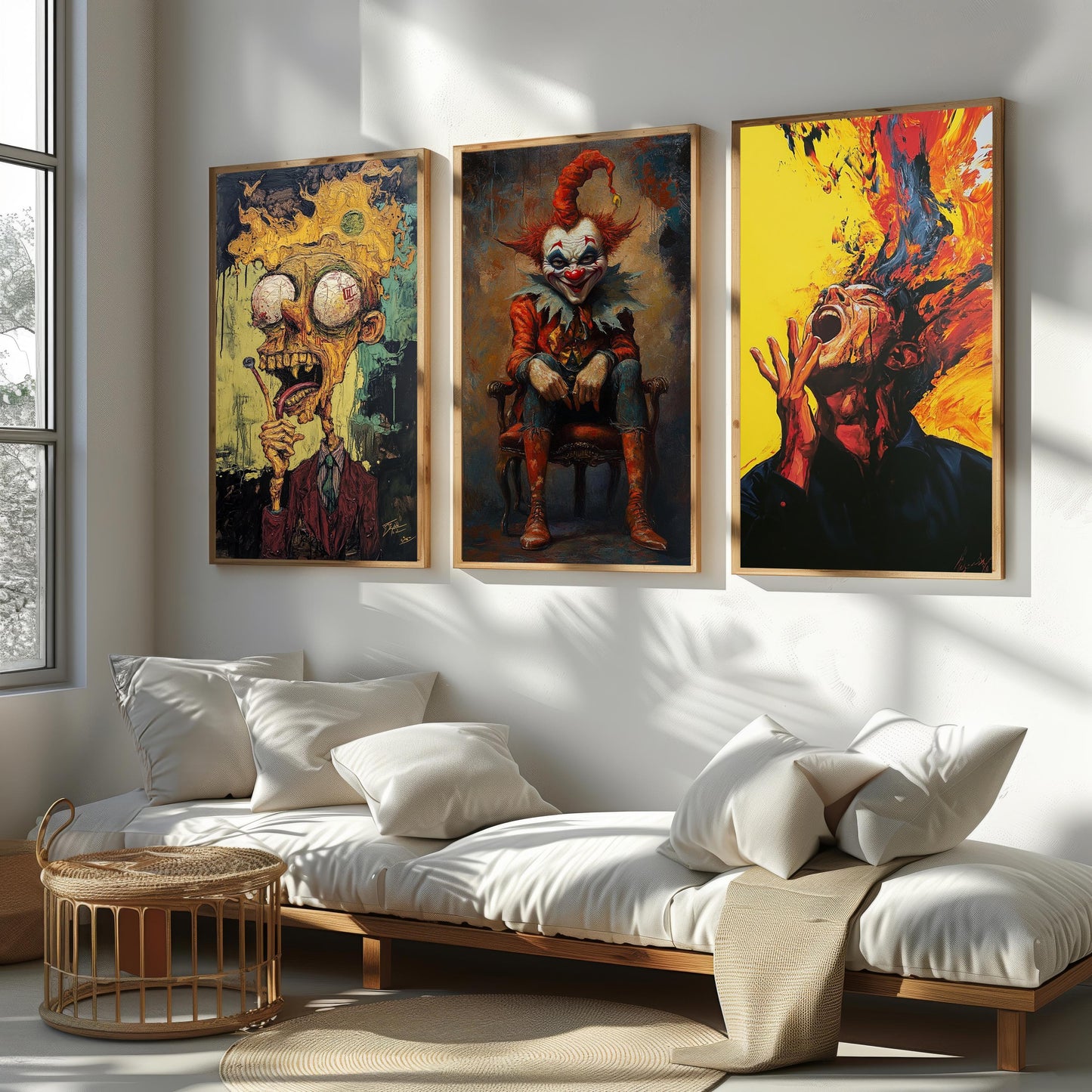 Creepy Circus Art Set: Horror Clown, Burning Head Surreal Prints